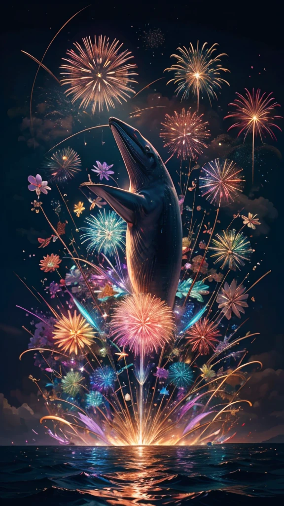 fish、whale、Whales、whaleたちに囲まれて、Mysterious Landscape、firework、firework大会、Rainbow colorsのfireworkが打ちあがっている瞬間、夜nullとともに、幻想的な海景色で壮大なfirework、future都市、Highest quality、masterpiece, (Diffuse reflection of light:1.2), When the fantastic rainbow turns into shadow, bathed in a mystical atmosphere.whaleたちも見ています, Cast magic spells. evoke a sense of wonder and awe. A fusion of natural grandeur and magic, Weaving dreams into reality. Behold, null, And the unknown, Fleeting、And an eternal moment, 16K, Ultra-high resolution.Realistic, Ultra-high resolution, to be born,future、Rainbow colorsに光り輝く、Rainbow colors、The world 30 years from now。