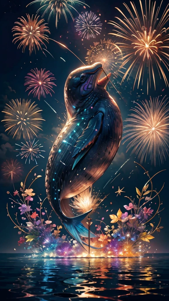 fish、whale、Whales、whaleたちに囲まれて、Mysterious Landscape、firework、firework大会、Rainbow colorsのfireworkが打ちあがっている瞬間、夜nullとともに、幻想的な海景色で壮大なfirework、future都市、Highest quality、masterpiece, (Diffuse reflection of light:1.2), When the fantastic rainbow turns into shadow, bathed in a mystical atmosphere.whaleたちも見ています, Cast magic spells. evoke a sense of wonder and awe. A fusion of natural grandeur and magic, Weaving dreams into reality. Behold, null, And the unknown, Fleeting、And an eternal moment, 16K, Ultra-high resolution.Realistic, Ultra-high resolution, to be born,future、Rainbow colorsに光り輝く、Rainbow colors、The world 30 years from now。