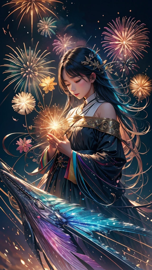 fish、whale、Whales、whaleたちに囲まれて、Mysterious Landscape、firework、firework大会、Rainbow colorsのfireworkが打ちあがっている瞬間、夜nullとともに、幻想的な海景色で壮大なfirework、future都市、Highest quality、masterpiece, (Diffuse reflection of light:1.2), When the fantastic rainbow turns into shadow, bathed in a mystical atmosphere.whaleたちも見ています, Cast magic spells. evoke a sense of wonder and awe. A fusion of natural grandeur and magic, Weaving dreams into reality. Behold, null, And the unknown, Fleeting、And an eternal moment, 16K, Ultra-high resolution.Realistic, Ultra-high resolution, to be born,future、Rainbow colorsに光り輝く、Rainbow colors、The world 30 years from now。