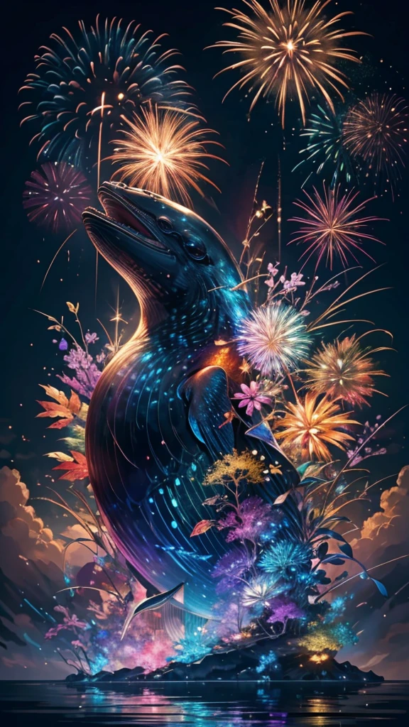 fish、whale、Whales、whaleたちに囲まれて、Mysterious Landscape、firework、firework大会、Rainbow colorsのfireworkが打ちあがっている瞬間、夜nullとともに、幻想的な海景色で壮大なfirework、future都市、Highest quality、masterpiece, (Diffuse reflection of light:1.2), When the fantastic rainbow turns into shadow, bathed in a mystical atmosphere.whaleたちも見ています, Cast magic spells. evoke a sense of wonder and awe. A fusion of natural grandeur and magic, Weaving dreams into reality. Behold, null, And the unknown, Fleeting、And an eternal moment, 16K, Ultra-high resolution.Realistic, Ultra-high resolution, to be born,future、Rainbow colorsに光り輝く、Rainbow colors、The world 30 years from now。
