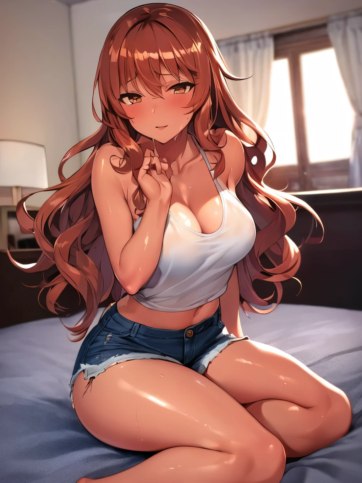 2d, Superb, (Masterpiece), (Full length), (Shiny Copper tone hair:1.6), (Wavy medium hair:1.6), (Brown beautiful girl), (Healthy dark skin), (Sunburn mark), clavicle, (Denim hot pants:1.3), (White short sleeve see-through top), White camisole,JK,Slender figure ,Glamorous Bare Feet, Leg hair, Brown Eyes, Attractive thighs, Medium chest, bedroom, On the bed, Light from the window, Sexy expression, Sweaty, Wet Hair, Drops from hair,Put your hands on your chest, Breathless, Bold pose、