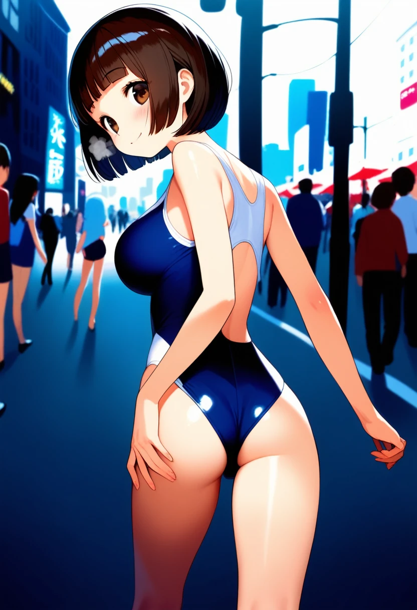 score_9,score_8_up,score_7_up,masterpiece,best quality, source anime, realistic, super detailed, extreme detailed, rating_safe,
1girl, walking, street, Tokyo, city, 
BREAK girl, 22yo, short hair, bob cut, (blunt bangs), black hair, (tareme, detailed cute brown eyes), curled eyelashes, (large breasts:0.9), 
shiny hair, beautiful detailed eyes, beautiful face,
slender, small ass, slim legs,
blush, smile, (steam),
one-piece swimsuit,