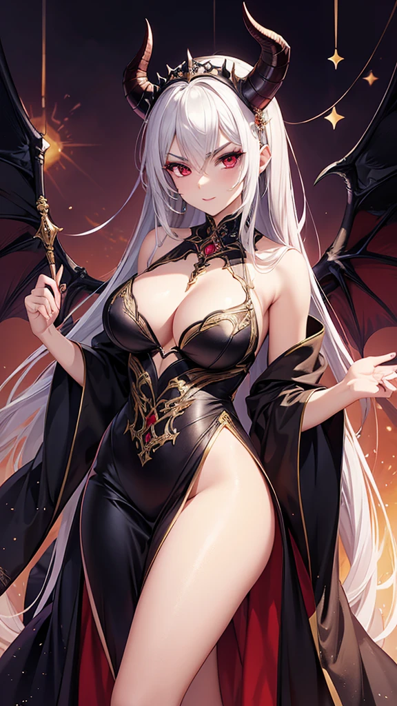 masterpiece,best quality,high resolution,very detailed,1 woman,Demon Queen,elaborately designed clothes,evil,fancy,Sexy makeup,v-shaped eyebrows,