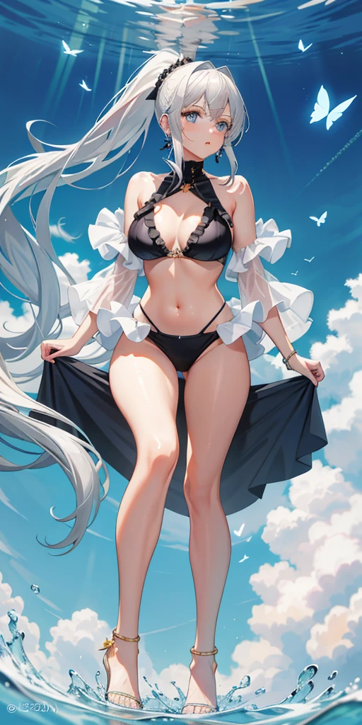 High resolution, masterpiece, Accurate, Highest quality, number々Awards for, High resolutionモデル, 
Heavy bangs, Silver Hair, Wet Hair, Half Up, Dumpling,  Super long hair, ponytail, 
thin、White skin, Ice blue eyes butterfly hair accessory, Crystal Earrings,Gold anklet swimsuit, Bikini with ruffles,
whole body, Character portrait