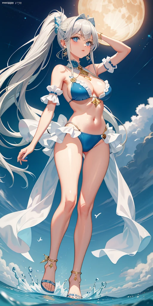High resolution, masterpiece, Accurate, Highest quality, number々Awards for, High resolutionモデル,
Heavy bangs, Silver Hair, Wet Hair, Half Up, Dumpling, Super long hair, ponytail,
thin、White skin, Ice blue eyes butterfly hair accessory, Crystal Earrings,Gold anklet swimsuit, Bikini with ruffles,
whole body, Character portrait