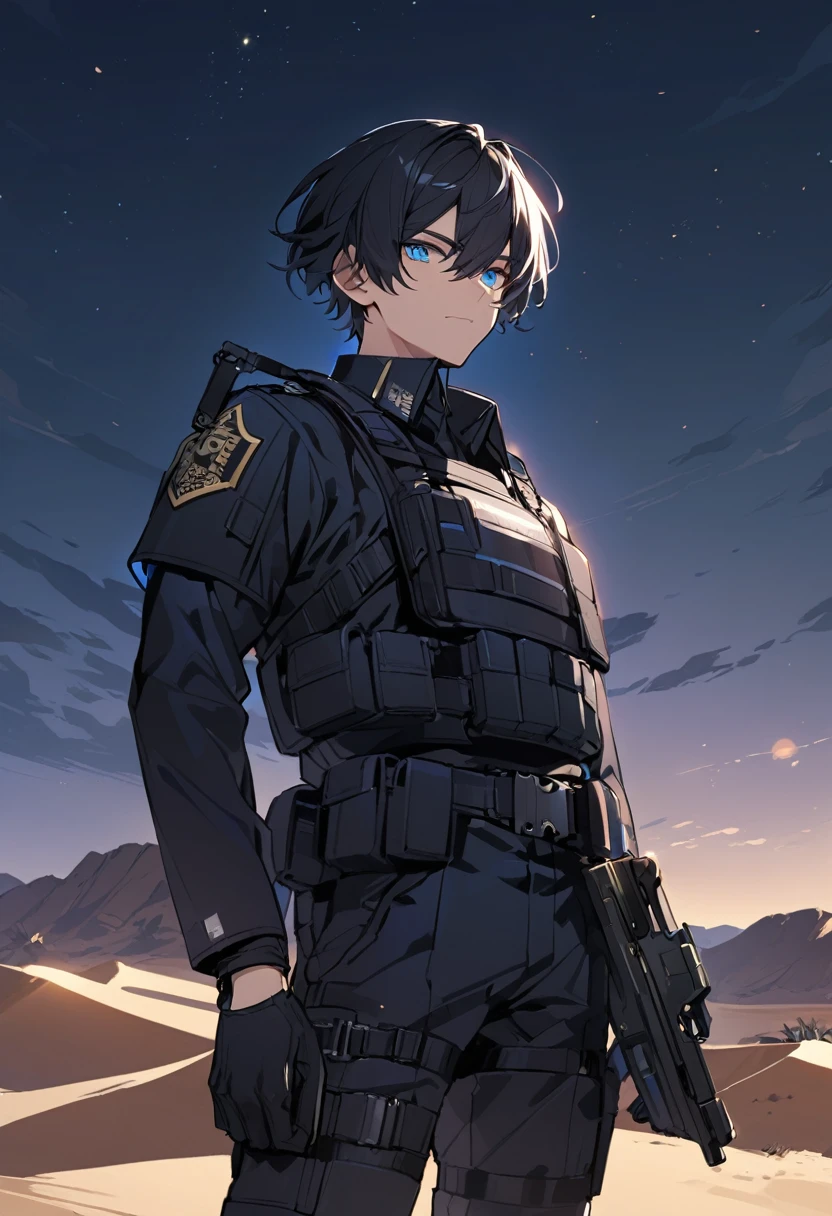 Male black police suit, solo, black hair, blue eyes, short hair, desert, night