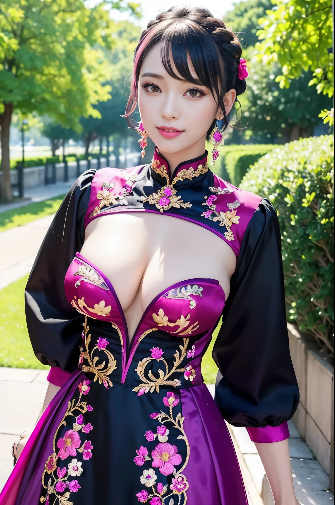 (masterpiece:1.4), (best quality:1.4), ultra high res, ultra high resolution, ((detailed facial features)), HDR, (realistic, photorealistic, photo-realistic:1.37), full body Esbian, sexy Vietnamese model, (-anime), vivid colors, ((vivid colors multicolor (pink, fuchsia, purple) very short hair)), (happy smile), lip-gloss, long lashes, ultra detailed metallic makeup, defined eyebrows, wearing large sparkling colorful jewelery, wearing a red silk Paradise Kiss cosplay dress with black floral embroidery, ((vivid colors outfit)), vivid colors, look at the camera, cinematic light, large park background with trees, sweet and sexy pose