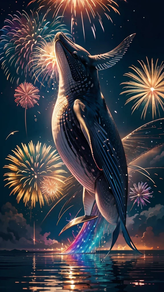 fish、whale、Whales、whaleたちに囲まれて、Mysterious Landscape、firework、firework大会、Rainbow colorsのfireworkが打ちあがっている瞬間、夜nullとともに、幻想的な海景色で壮大なfirework、future都市、Highest quality、masterpiece, (Diffuse reflection of light:1.2), When the fantastic rainbow turns into shadow, bathed in a mystical atmosphere.whaleたちも見ています, Cast magic spells. evoke a sense of wonder and awe. A fusion of natural grandeur and magic, Weaving dreams into reality. Behold, null, And the unknown, Fleeting、And an eternal moment, 16K, Ultra-high resolution.Realistic, Ultra-high resolution, to be born,future、Rainbow colorsに光り輝く、Rainbow colors、The world 30 years from now。