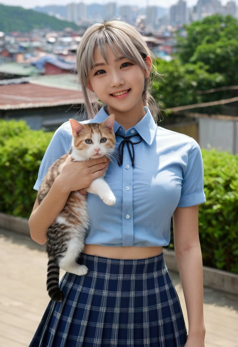 UHigh resolution, retina, masterpiece, Accurate, Anatomically correct, Textured skin, Super Detail, Attention to detail, high quality, Awards, 最high quality, High resolution, 1080P, High resolution, 4K, 8k, 16K,(masterpiece:1.3, 最high quality, 超High resolution, Very detailed), (Realistic:1.1, photoRealistic:1.4), Beautiful illustrations, Perfect lighting, colorful, Written boundary depth, Beautiful detailsまでこだわった髪, 美しくAttention to detail顔, Beautiful details, Beautiful clavicle, Beautiful body, Beautiful breasts, Beautiful thighs, Beautiful feet, Beautiful fingers, View your viewers, 1 girl, Japanese, high school girl, Perfect Face, (Perfect Anatomy, Anatomically correct), Cute and symmetrical face, Baby Face, Sunburn, Glowing Skin, (Medium Hair:1.5, Twin tails:1.2, blonde), Asymmetrical bangs, blue eyes, Long eyelashes, (Center of chest), thin, ((Collared short-sleeved shirt, Light blue shirt, , Grey plaid pleated skirt, To the Navy)), No pants, (Beautiful views), evening, (Outdoor, distant cityscape), Are standing, (peace sign), (Cute Smile, Lee Hong、Upward glance, Open your mouth), (Open Girl'Cat:1.3), time々Squat:1.2,あなたのCatに指を入れてください:1.1,((Beautiful girl holding a puppy)),((Very few, Young face and breasts)),(Cleavage:1),(Very large breasts:1.4),Taking off clothes