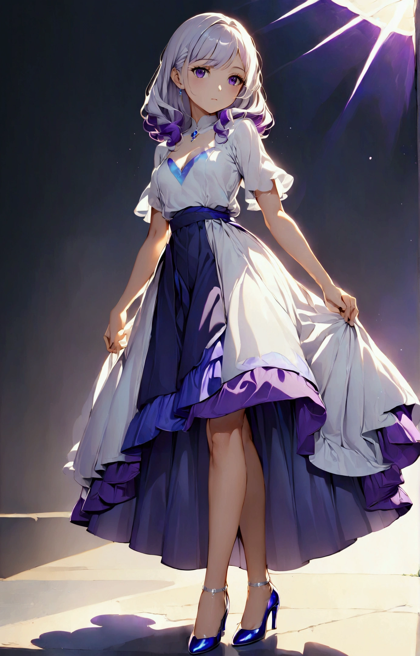 Positive girl, 20 years old, , Serious yet gentle expression, She is wearing a dress, A long white skirt，The middle is a blue-purple skirt，White skirt on both sides, And blue and purple shiny high heels, detailed