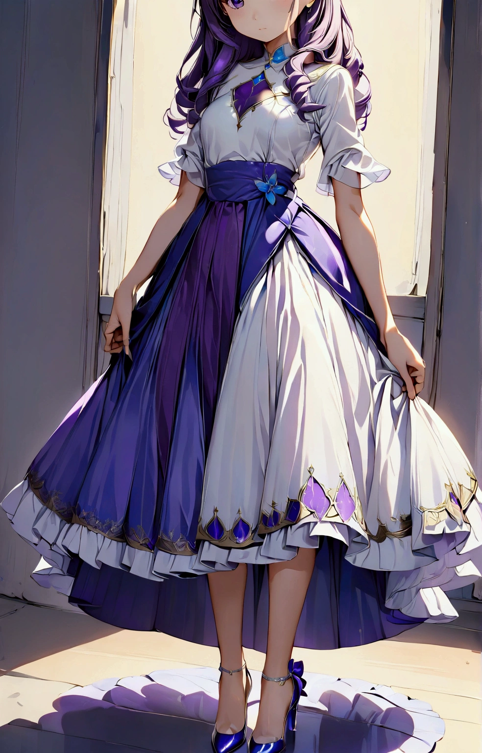 Positive girl, 20 years old, , Serious yet gentle expression, She is wearing a dress, A long white skirt,The middle is a blue-purple skirt,White skirt on both sides, And blue and purple shiny high heels, detailed