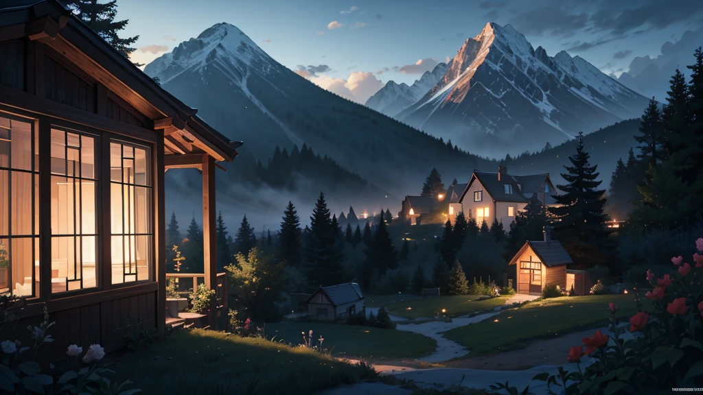 There is a small house on the mountain in the distance, With garden, play with the dog in the garden, cloudy background, 8 K, details, transparent. night, window with dark lighting