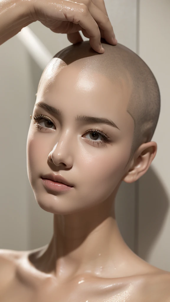 ((high detail)), ((masterpiece)), 1 female, shaved bald head, in bathroom, showering, wet scalp, shaved head texture
