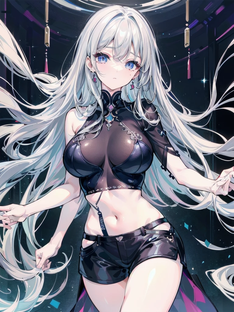 absurdres, RAW photo, extremely delicate and beautiful, masterpiece, Best Quality, ultra high resolution, 32k, hyperrealistic, ultra-detailed, (perfect anatomy:1.2), (anatomically correct:1.2), perfect figure, Perfect Style, Perfect balance, super Detailed skin, in her 20s, very Slim body, narrow waist, very small head, very small face, delicate facial features, handsome detailed woman, very detailed eyes and face, realistic face proportions, Realistic beautiful face, Realistic beautiful eyes, tearful mole, earring, (very huge round breasts), whole body shot, whole legs, medium hair, asymmetrical hair, indoor, black Loose fit openwork T-shirt, Underwear shorts, visible through the knit,