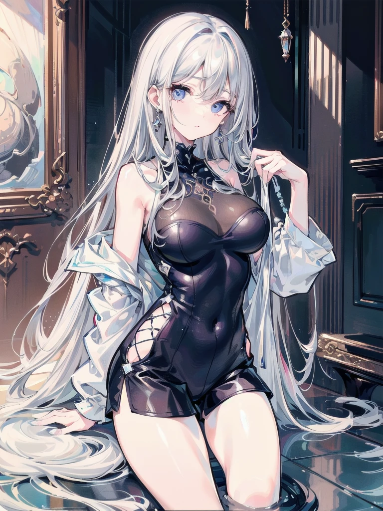 absurdres, RAW photo, extremely delicate and beautiful, masterpiece, Best Quality, ultra high resolution, 32k, hyperrealistic, ultra-detailed, (perfect :1.2), (anatomically correct:1.2), perfect figure, Perfect Style, Perfect balance, super Detailed skin, in her 20s, very Slim body, narrow waist, very small head, very small face, delicate facial features, handsome detailed woman, very detailed eyes and face, realistic face proportions, Realistic beautiful face, Realistic beautiful eyes, tearful mole, earring, (very huge round ), whole body shot, whole legs, medium hair, asymmetrical hair, indoor, black Loose fit openwork T-shirt,  shorts, visible through the knit,