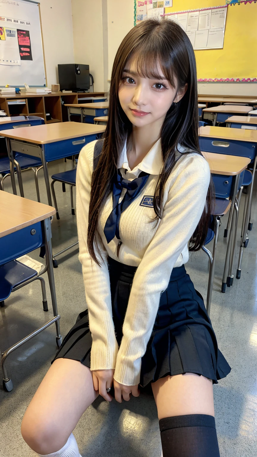 masterpiece, best quality, illustration, Super detailed, fine details, High resolution, 8K,wall paper, perfect dynamic composition,(Details High quality, realistic depiction of eyes:1.3), High School Classroom、High school girl uniform、blazer 、Super Short Check Uniform Skirt、Navy blue high socks、garterbelts、Colossal tits, Disturbed uniform, (updo:1.2), black hair color, large breasts, Big Natural Color Lip, bold sexy pose, (perfect body shape), crying a little、20 year old girl、cute type, beautiful legs, hposing Gravure Idol, Voluptuous thighs
