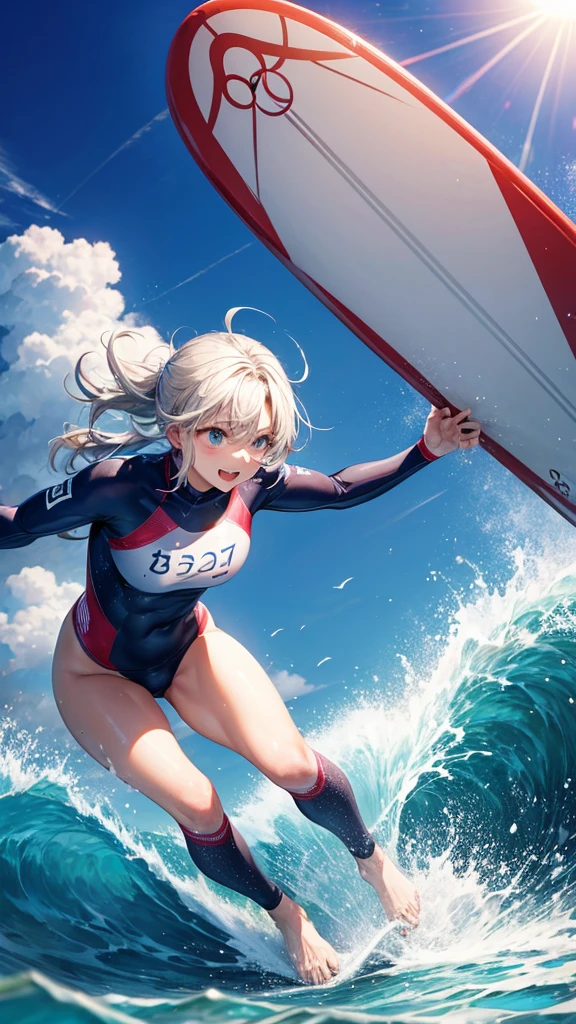 Competing in surfing at the Olympics。