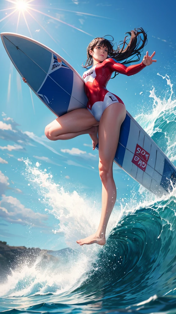 Competing in surfing at the Olympics。