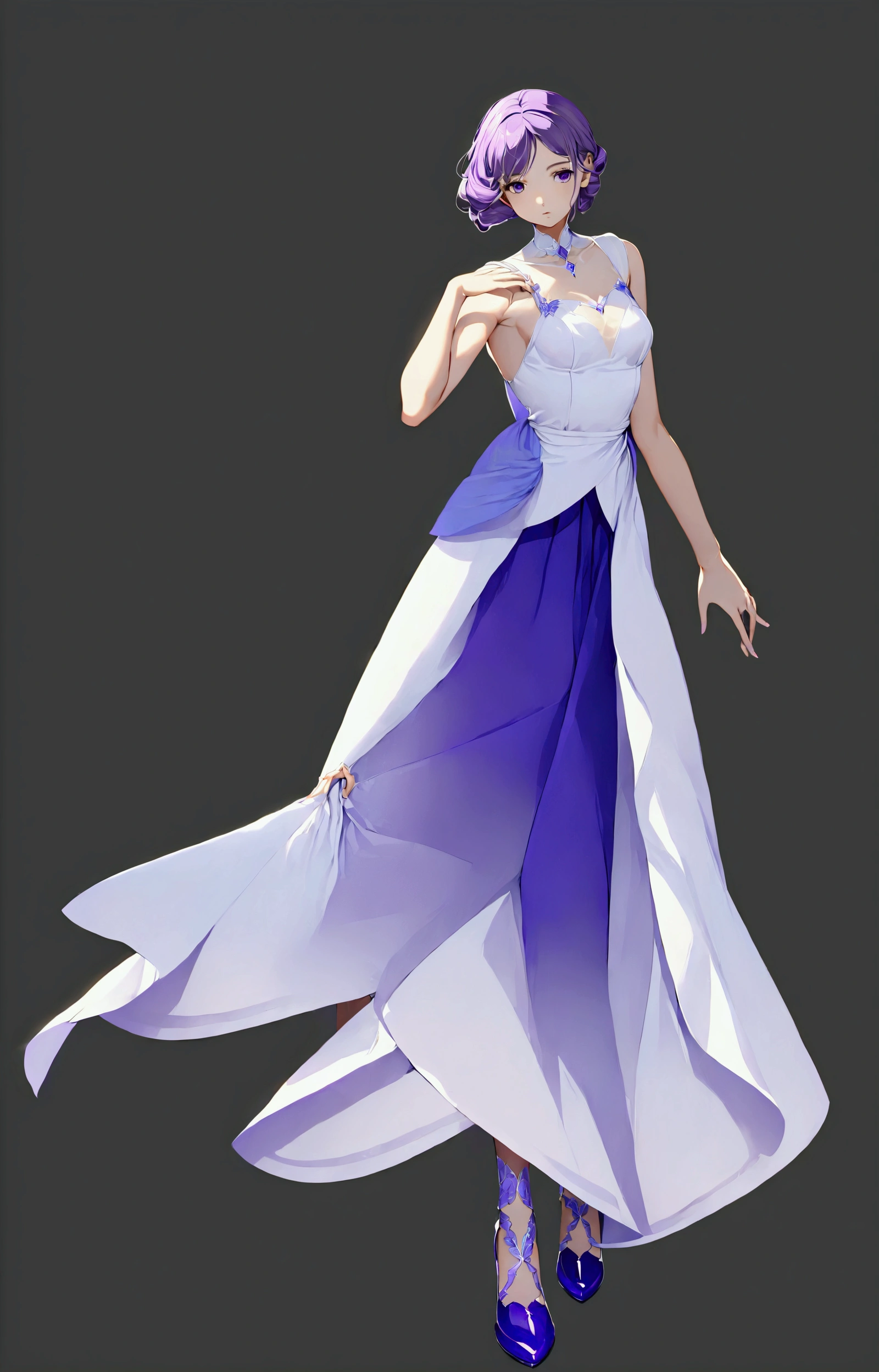Positive girl, 20 years old, , Serious yet gentle expression, She is wearing a dress, A long white skirt,The middle is a blue-purple skirt,White skirt on both sides, And blue and purple shiny high heels, detailed