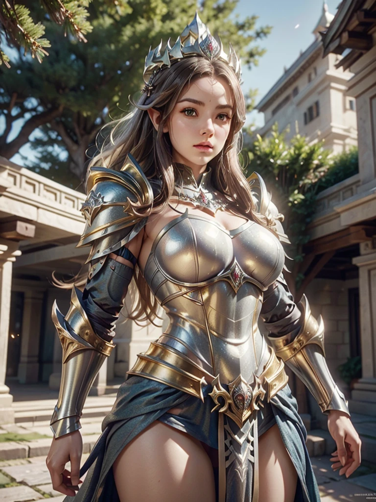 Realistic image cinematic shadows. in the courtyard. of the kingdom. There is Elven Woman Queen, with Crown, Illuminated Face, Hips, Toned, Large Round Breasts, ((spruce neckline in a silver armor, gold ornaments)) reflecting the sunlight.