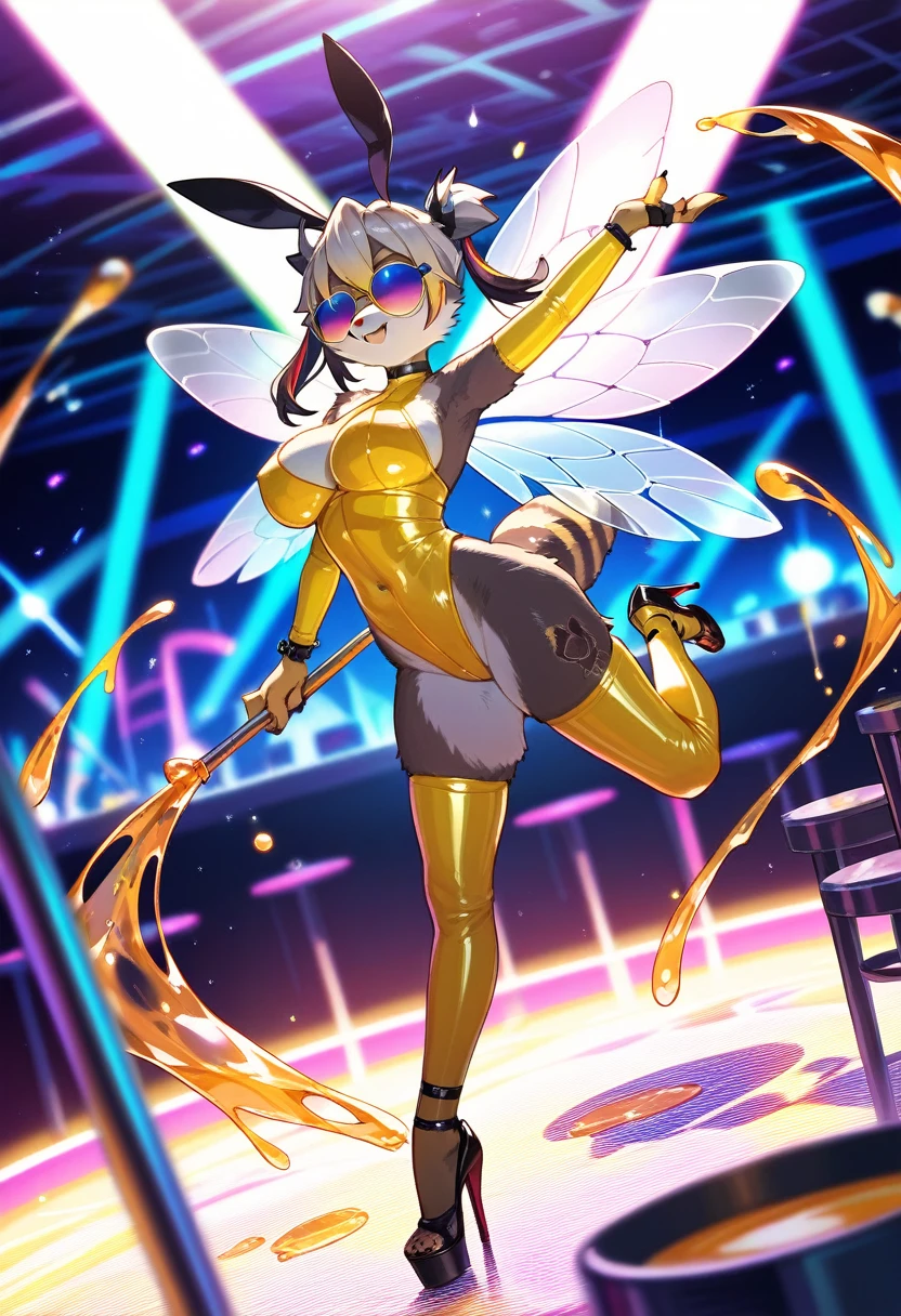 Highest quality, Highest quality, High quality illustrations, masterpiece, Ultra-high resolution, Detailed Background, club, Disco, Absurd, Perfect Anatomy, performance, Good lighting, Shadows in the movies(kemono, Furry Personifi猫ion), bee, honey colored, Yellow Color, Honey Latex, neon, neonカラー, cyber punk, 蜜beeの衣装, 蜜beeコスプレ, ラバーの蜜beeの尻尾, Bee Wings, enamel, sunglasses, Tattoo, first round, High heels, Dynamic Angle
