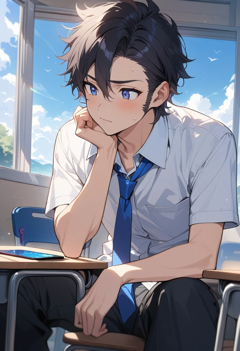 masterpiece, best quality, extremely detailed, ultra detailed, flat anime, 2D, ((1boy)),black hair, (short hair:1.5),blue eyes, height 1.7meters, (circle eyes:1.2), (young adult:1.2), Ear-length sideburns,height 1.7meters, High School Uniforms, white shirt, blue tie, ((short sleeves)), ((long pants)), sitting, closed mouth, thinking, upper body, summer, classroom, 11AM,looking at his smart phone., Operating a smart phone