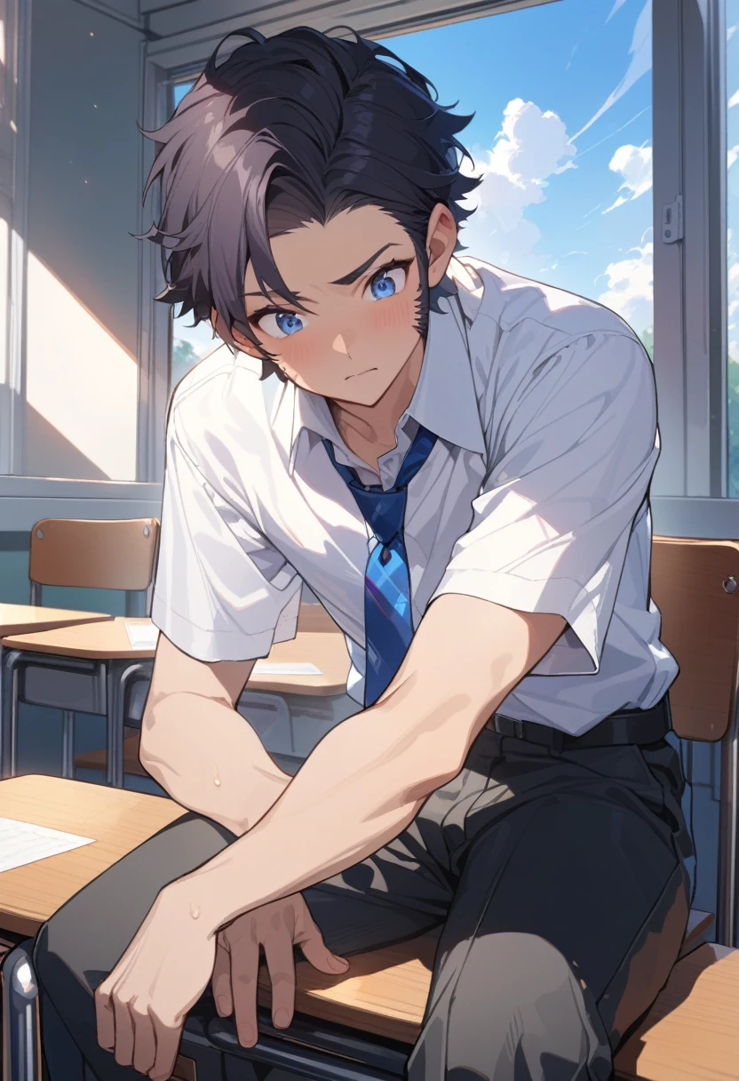 masterpiece, best quality, extremely detailed, ultra detailed, flat anime, 2D, ((1boy)),black hair, (short hair:1.5),blue eyes, height 1.7meters, (circle eyes:1.2), (young adult:1.2), Ear-length sideburns,height 1.7meters, High School Uniforms, white shirt, blue tie, ((short sleeves)), ((long pants)), sitting, closed mouth, thinking, upper body, summer, classroom, 11AM,looking at his smart phone., Operating a smart phone
