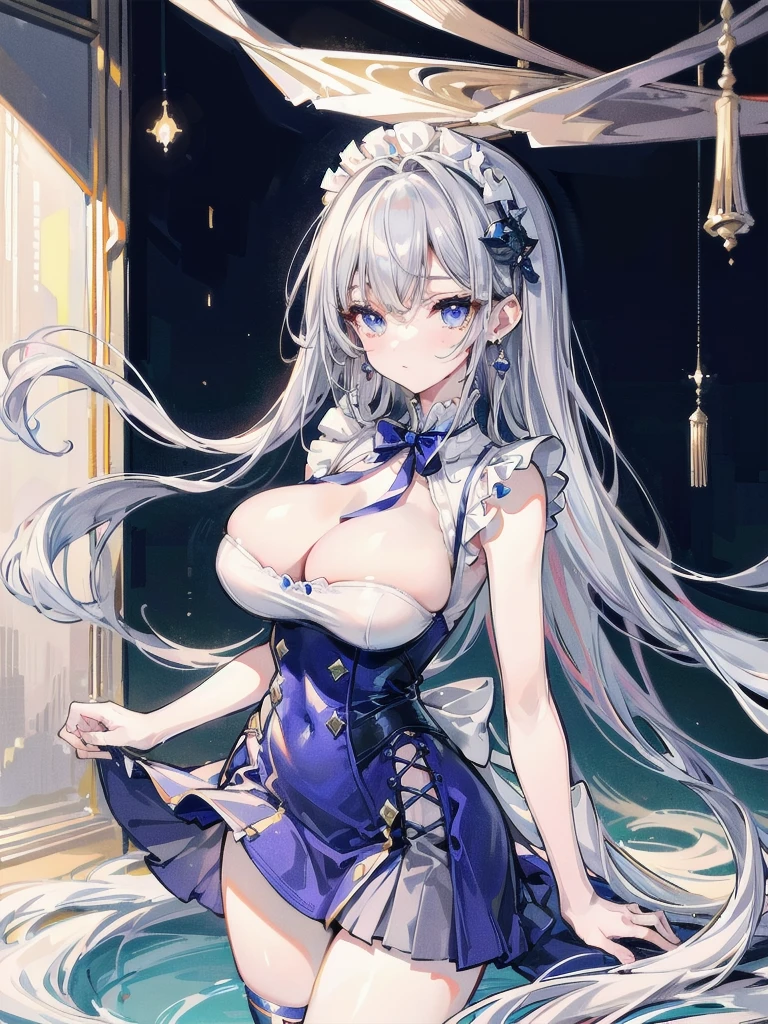 absurdres, RAW photo, extremely delicate and beautiful, masterpiece, Best Quality, ultra high resolution, 32k, hyperrealistic, ultra-detailed, (perfect anatomy:1.2), (anatomically correct:1.2), perfect figure, Perfect Style, Perfect balance, super Detailed skin, in her 20s, very Slim body, narrow waist, very small head, very small face, delicate facial features, handsome detailed woman, very detailed eyes and face, realistic face proportions, Realistic beautiful face, Realistic beautiful eyes, tearful mole, earring, (very huge round breasts), whole body shot, whole legs, medium hair, asymmetrical hair, indoor, Ultra mini skirt, pinafore, Hair decoration, Maid costume,