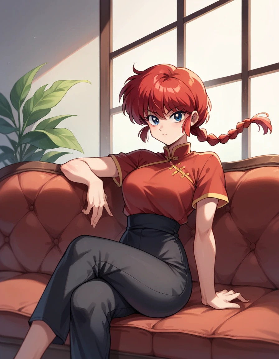 pov, Ranma21, a girl, red hair, braid, red shirt, chinese clothes, shirt, short sleeves, pants, high-waist pants, single braid, long hair, braided ponytail, black pants, crossed legs, looking at viewer, dick flash, penis, foreskin, couch