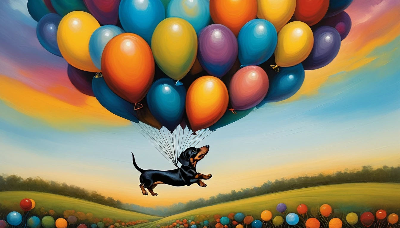 joy and fun: a dachshund puppy is flying in a balloon, (Andy Kehoe style), very colorful, ((palette of oil painting)), aesthetics, ((masterpiece)), extreme detail, expressionism, perspective, 8k