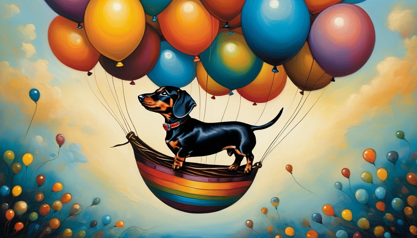 joy and fun: a dachshund puppy is flying in a balloon, (Andy Kehoe style), very colorful, ((palette of oil painting)), aesthetics, ((masterpiece)), extreme detail, expressionism, perspective, 8k