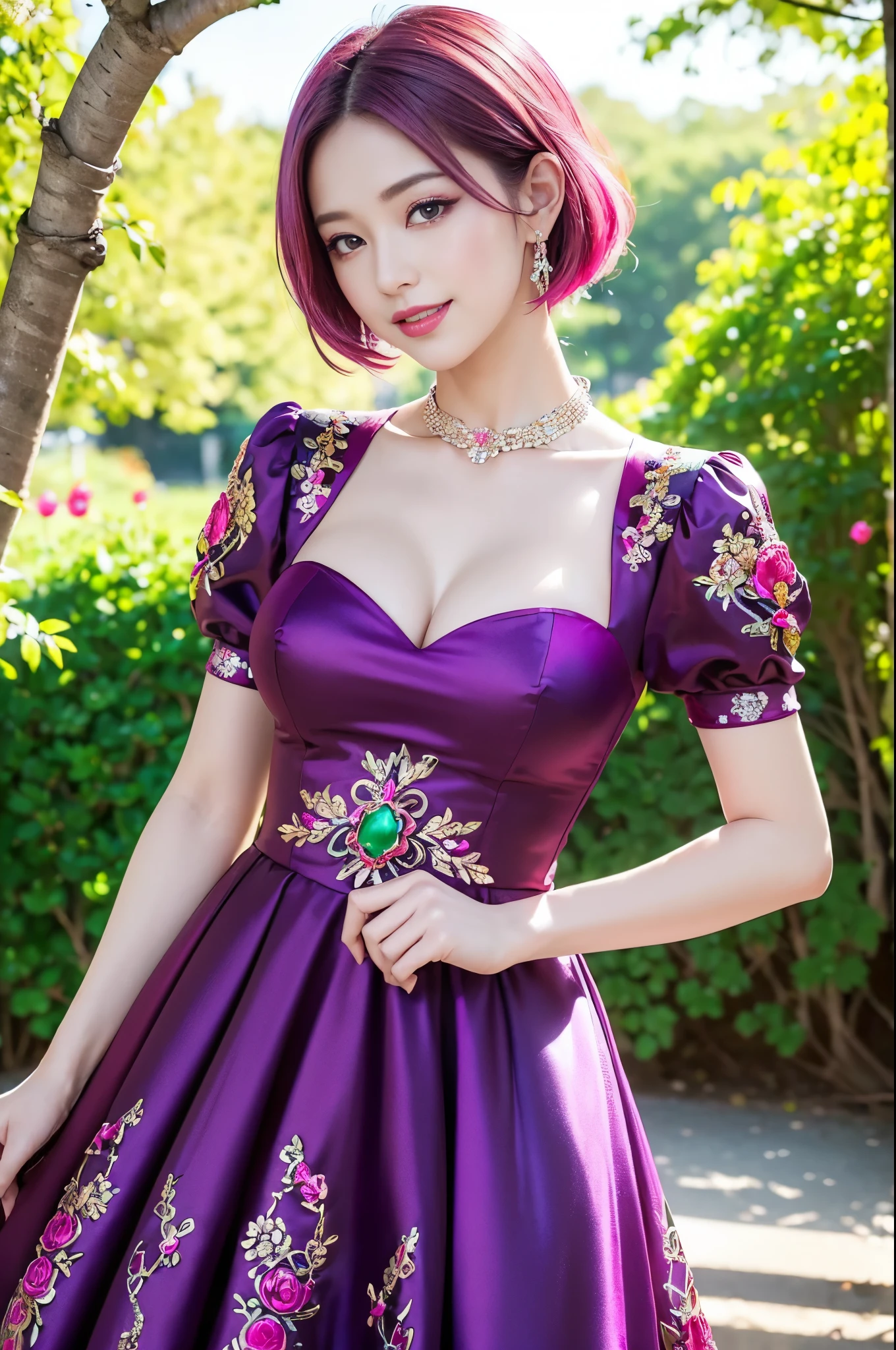 (masterpiece:1.4), (best quality:1.4), ultra high res, ultra high resolution, ((detailed facial features)), HDR, (realistic, photorealistic, photo-realistic:1.37), full body Esbian, sexy Vietnamese model, (-anime), vivid colors, ((vivid colors multicolor (pink, fuchsia, purple) very short hair)), (happy smile), lip-gloss, long lashes, ultra detailed metallic makeup, defined eyebrows, wearing large sparkling colorful jewelery, wearing a red silk Paradise Kiss cosplay dress with black floral embroidery, ((vivid colors outfit)), vivid colors, look at the camera, cinematic light, large park background with trees, sweet and sexy pose