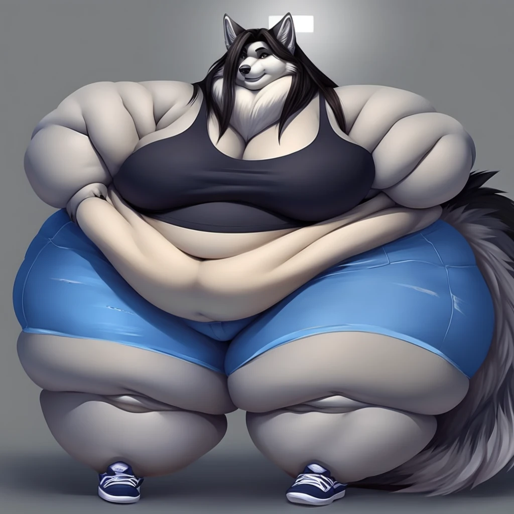 Grey wolf, female, long hair, massive breasts, massive hips, massive thighs, morbidly obese, fat arms, fat legs, belly rolls, fat rolls,fat neck, chubby cheeks, double chin,big fluffy tail , tank top, shorts