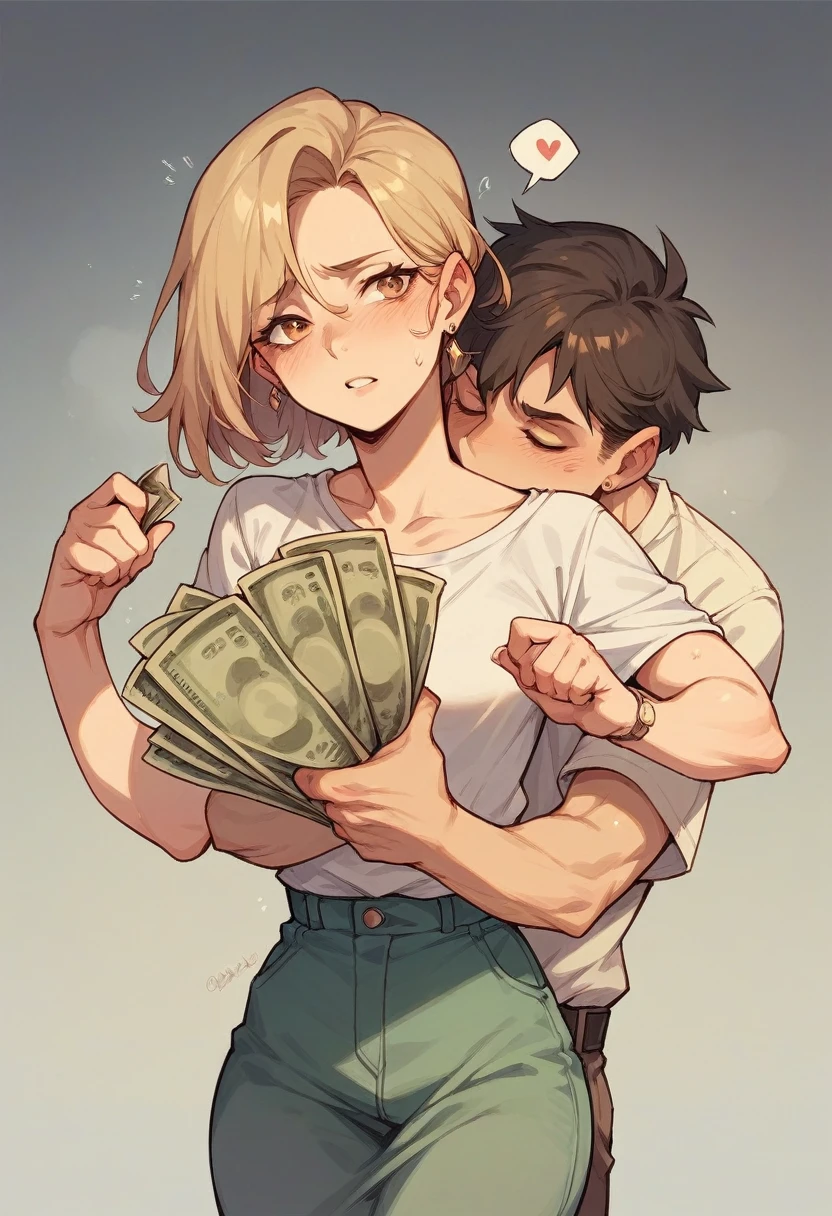 A woman like the one in the novel stands upright and holds money.