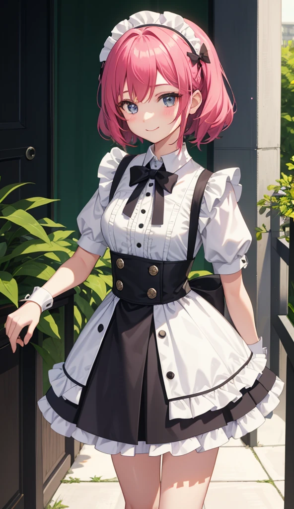 1girl in、AS-Adult、a smile、The shirt、Ultra mini skirt、pantiy、(small tits)、doress、pinafore、Hair decoration、(Maid costume)、Walking with a thigh、Upper body portrait、