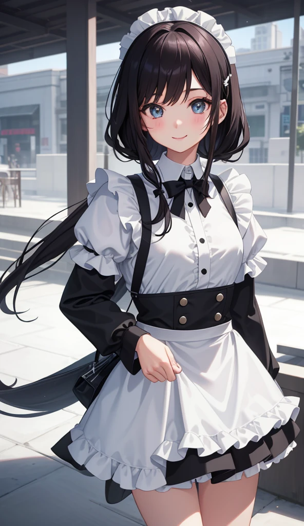 1girl in、AS-Adult、a smile、The shirt、Ultra mini skirt、pantiy、(small tits)、doress、pinafore、Hair decoration、(Maid costume)、Walking with a thigh、Upper body portrait、