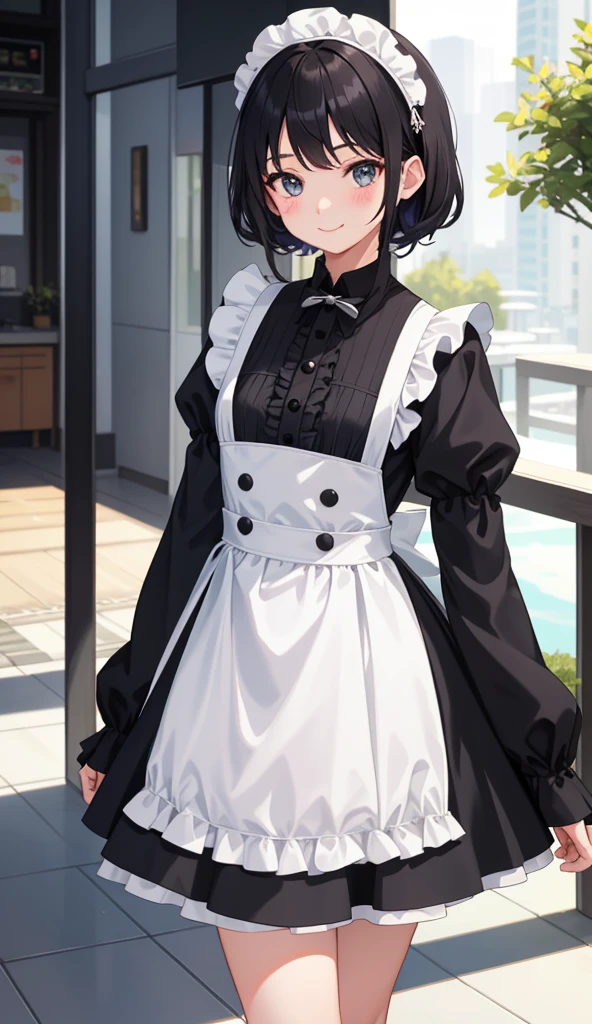 1girl in、AS-Adult、a smile、The shirt、Ultra mini skirt、pantiy、（small tits）、doress、pinafore、Hair decoration、（Maid costume）、Walking with a thigh、Upper body portrait、