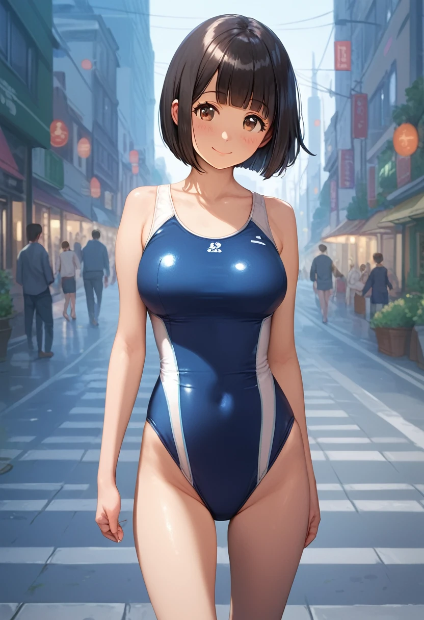 score_9,score_8_up,score_7_up,masterpiece,best quality, source anime, realistic, super detailed, extreme detailed, rating_safe,
1girl, walking, street, Tokyo, city, 
BREAK girl, 22yo, short hair, bob cut, (blunt bangs), black hair, (tareme, detailed cute brown eyes), curled eyelashes, (large breasts:0.9), 
shiny hair, beautiful detailed eyes, beautiful face,
slender, small ass, slim legs,
blush, smile, (steam),
one-piece swimsuit,