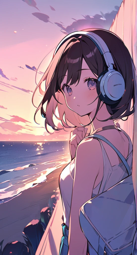 At dusk、Cute girl wearing headphones、Gazing at the sea。Madhouse-like colors、A touch like Makoto Shinkai