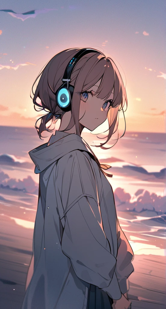 At dusk、Cute girl wearing headphones、Gazing at the sea。Madhouse-like colors、A touch like Makoto Shinkai