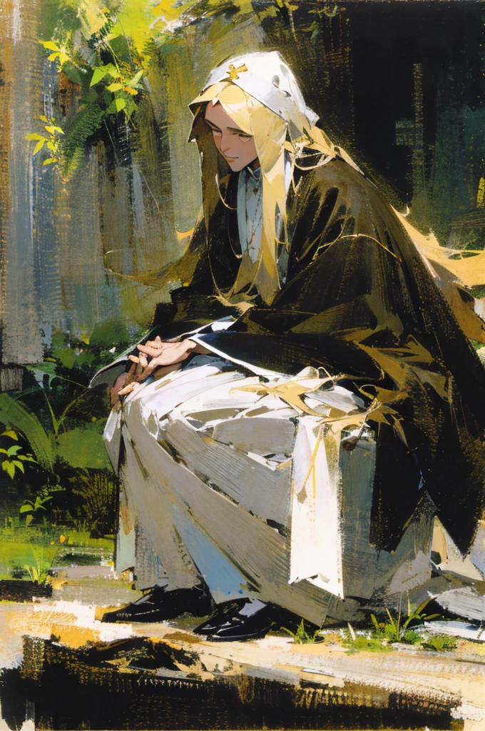 Handsome man with long blond hair praying in the sunshine in the garden,Highest quality,fine,Holy Spirit,Radiance,Full body portrait