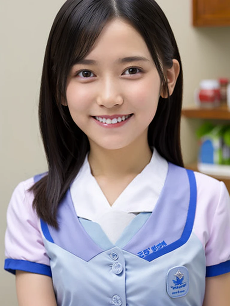 (8k, RAW Photos, Highest quality, masterpiece), (Realistic, photoRealistic: 1.37), Very detailed, Ultra-high resolution, Girl 1, , Beautiful and elaborate face, smile, teeth, (Feather Cut: 0.6), Nurse uniform, panties, Professional Lighting, Detailed room, indoor, hospital、district、Full body photo, Neat、Whole Body Ezbian、White socks、Floral、hospitalのベッドに座っている
