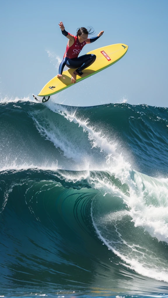Competing in surfing at the Olympics。