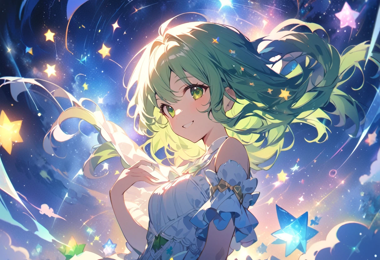 (high resolution,high quality),Dream world,Connect with the universe,One Girl,smile,green,mystery