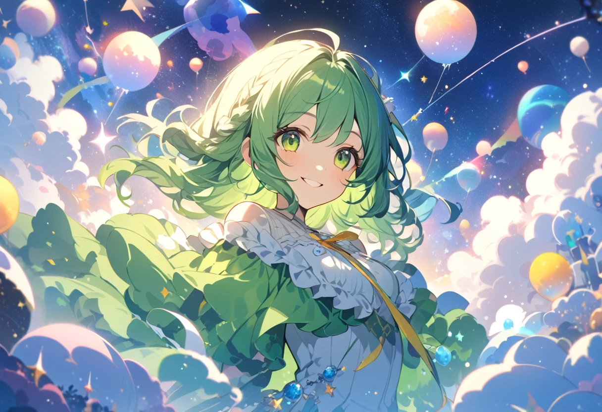 (high resolution,high quality),Dream world,Connect with the universe,One Girl,smile,green,mystery