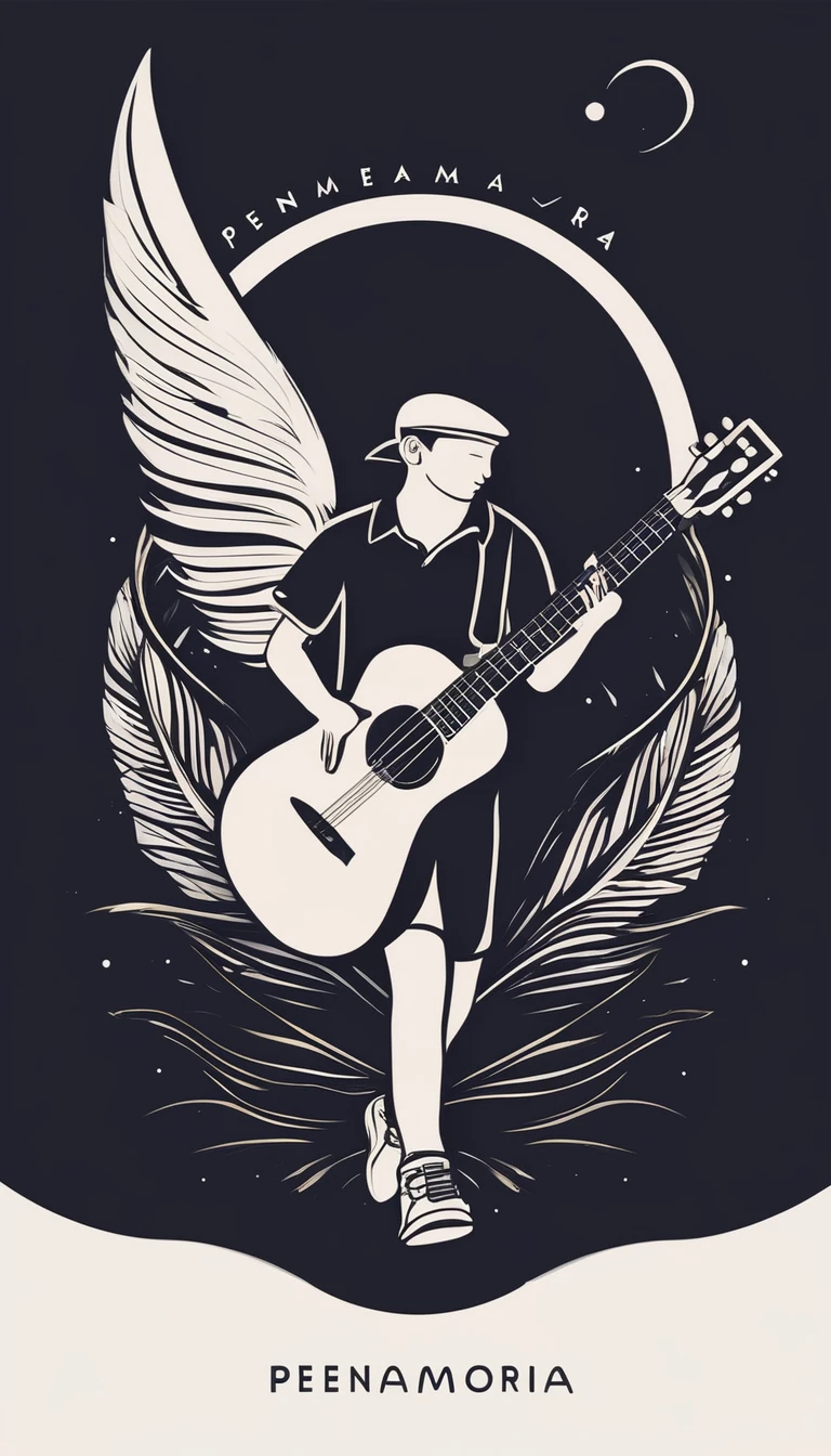 Create a modern, minimalistic logo design for a brand called " Penamemoria". The logo of a boy is running with open arms, holding an acoustic guitar in the right hand and a bird feather in the left hand. Minimalistic logo design impressed on a book cover
