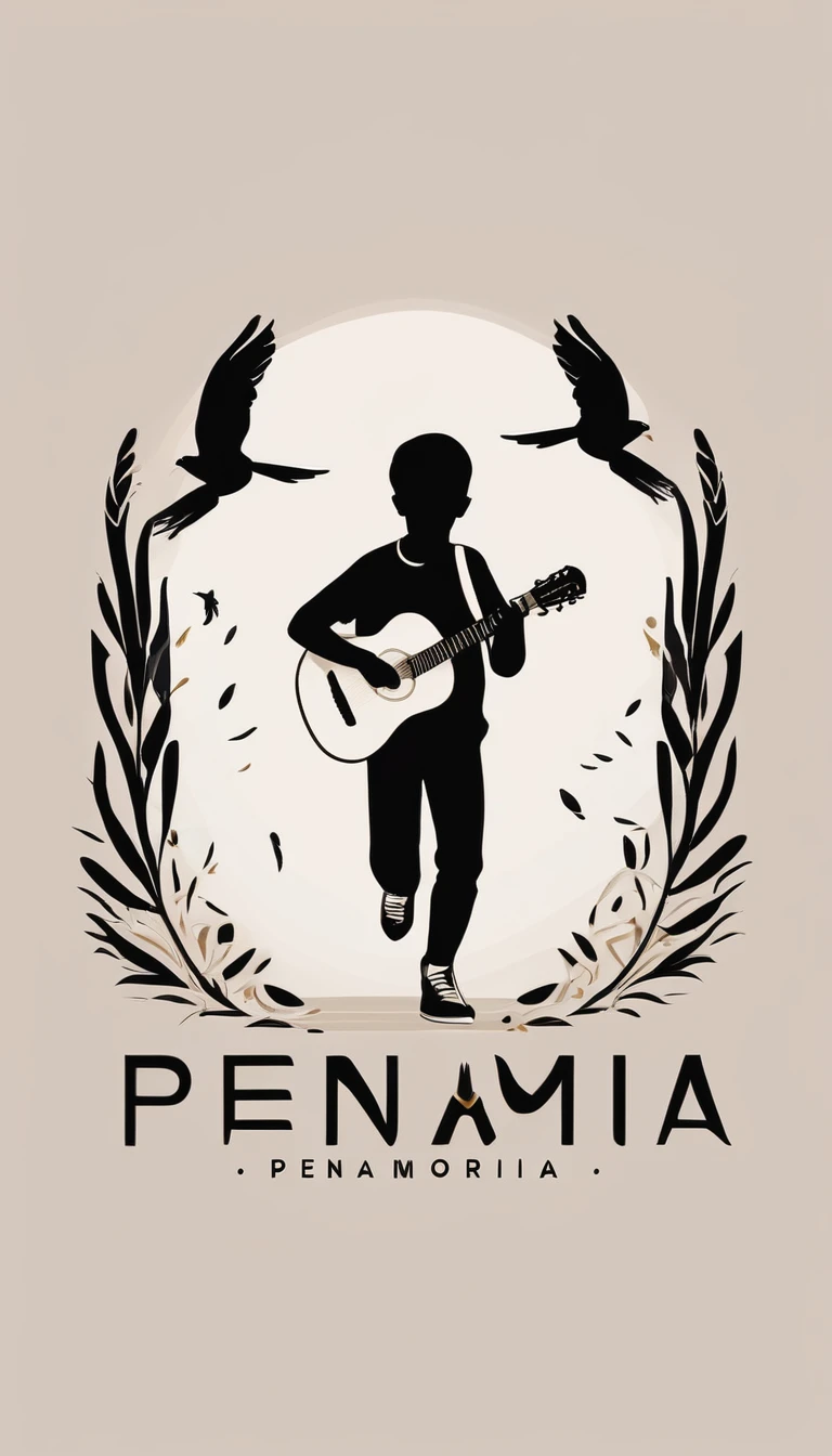 Create a modern, minimalistic logo design for a brand called " Penamemoria". The logo of a boy is running with open arms, holding an acoustic guitar in the right hand and a bird feather in the left hand. Minimalistic logo design impressed on a book cover

