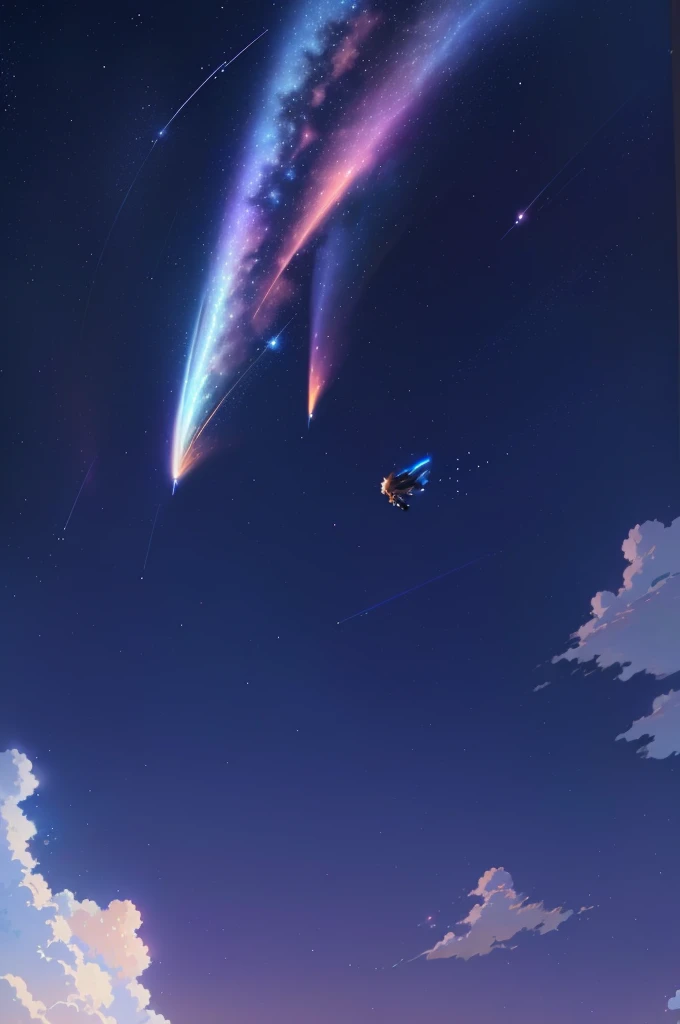 anime, a girl is flying through the sky with a comet, your name movie style, shooting star in background, your name, shooting stars, anime background, shooting star, cosmic skies. by makoto shinkai, colorful anime movie background, in style of makoto shinkai, style of makoto shinkai, anime movie background, makoto shinkai art style