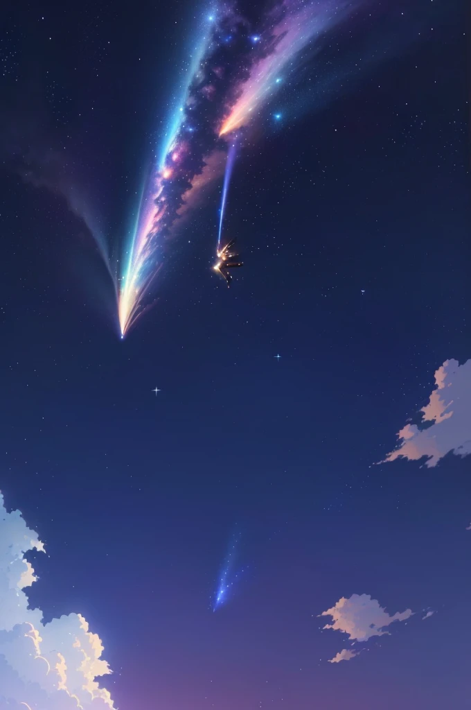 anime, a girl is flying through the sky with a comet, your name movie style, shooting star in background, your name, shooting stars, anime background, shooting star, cosmic skies. by makoto shinkai, colorful anime movie background, in style of makoto shinkai, style of makoto shinkai, anime movie background, makoto shinkai art style