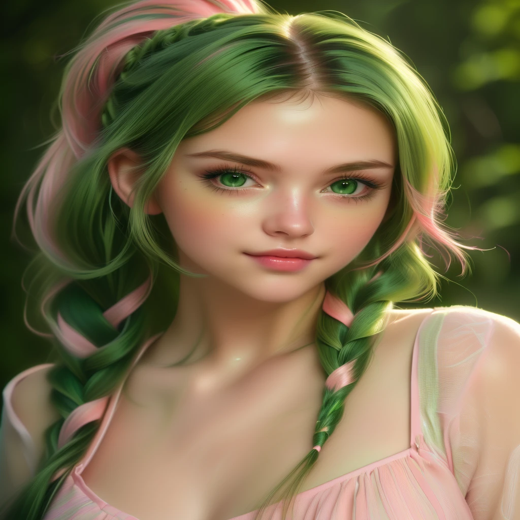 (Best quality, 8k, 32k, raw photo, Photorealistic, Photoreal, UHD:1.2), lifelike rendering, ung cute girl, (streaked Green and pink hair:1.4), very long hair, Dynamic hairslyte, (braids, ponytail) (green eyes:1.4), realistic portrait, (random pose), (dynamic angle)